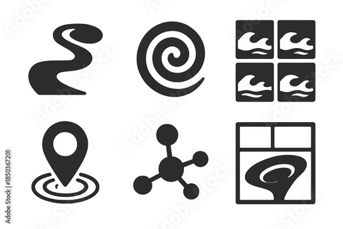 Watery Storytelling Icons. Solid style icons of watery storytelling systems: whirlpool paths, spiral outlines, scene grids, ripple