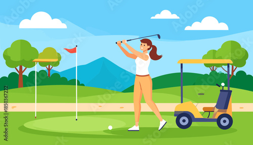 Female golfer swinging club on a green course with a golf cart and flag. Sunny day outdoor sport. Flat vector illustration.
