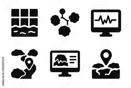 Ice Monitoring Icons. Solid style icons of ice flow monitoring networks: glacier grids, sensor nodes, pulse indicators, ice paths,