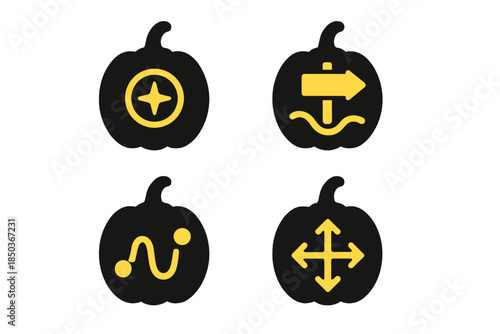 Gourd Navigation Icons. Solid style icons of hollowed squash navigation tools: carved gourds, glowing interiors, trail markers,