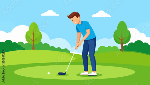 Man playing golf on a green course with trees and blue sky.