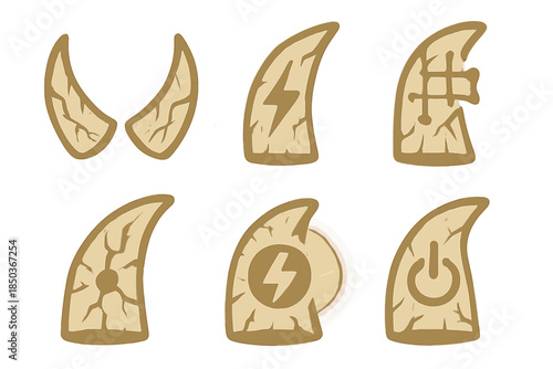 Ivory Energy Icons. Solid style icons of etched ivory with lightning patterns: tusk outlines, lightning marks, energy grids, pulse