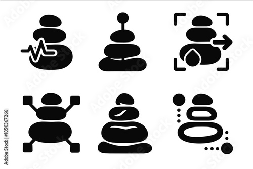 Rock Stack Icons. Solid style icons of rock pile executing commands: stacked stones, pulse markers, command nodes, stone outlines,