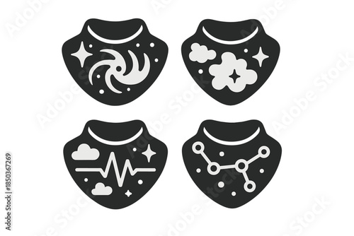 Nebula Gorgets Icons. Solid style icons of nebula-shaped gorgets: glowing neck armor, nebula patterns, star markers, pulse lines,