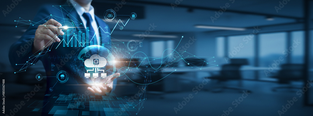 Fototapeta premium Businessman hand hold global Edge computing network and data, real time processing, low latency systems, distributed computing architecture, IoT technology