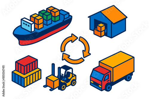 Colorful Supply Chain Icons. Isometric vector illustration set Supply Chain Logistics: cargo ship, warehouse building, stacked