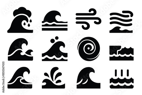 Ocean Forces Icons. Solid style icons of Ocean Forces: Storm Wave, Tide, Current, Swell, Foam, Whirlpool, Rising Sea, Crest,