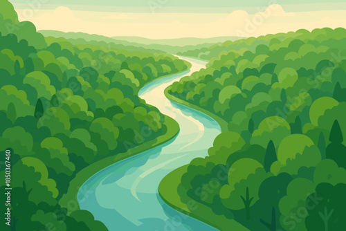 Lush Forest River. Aerial view of a lush forest surrounding a winding river under soft sunlight, serene and expansive, vector