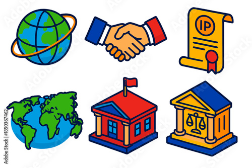 International Treaty Icons. Isometric vector illustration set International IP Treaties: globe icon, handshake agreement, legal