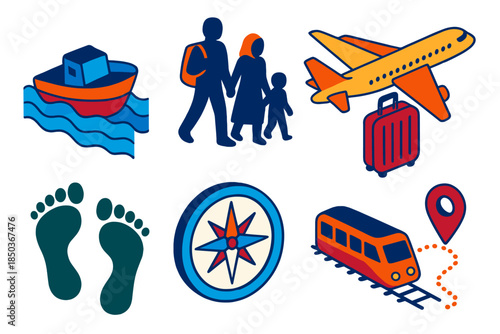 Migration Journey Icons. Isometric vector illustration set Migration Journeys: boat on sea, walking family silhouette, airplane
