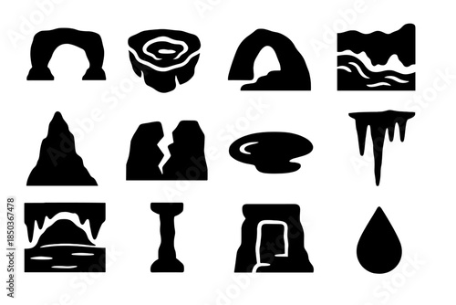 Karst Environment Icons. Solid style icons of Karst Environments: Limestone Arch, Sinkhole, Cave Entrance, Underground Stream,