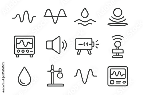 Sound Manipulation Icons. Line style icons of Sound Manipulation: Sound Wave, Standing Wave, Floating Droplet, Anti-Gravity Effect