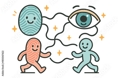 Playful Biometric Doodles. Friendly doodle multi-modal biometrics illustration with cheerful fingerprints, irises, and walking