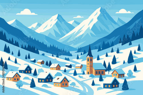 Snowy Mountain Village. Scenic aerial shot of a snowy village surrounded by towering mountains under a clear vector illustration