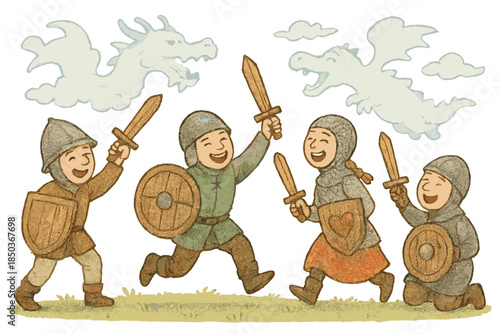 Playful Battlefield Scene. Battlefield turned playful with wooden swords, toy shields, giggling soldiers, and dragons made of