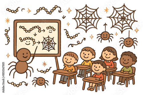Whimsical Spider Silk Classroom. Whimsical doodle spider silk classroom with happy students, cartoon webs floating, smiling