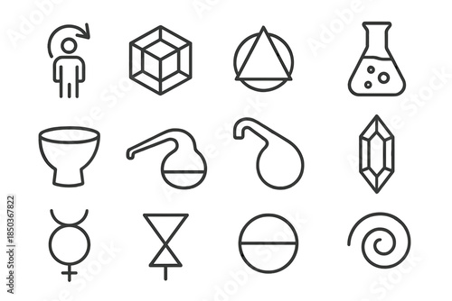 Alchemy Lab Icons. Line style icons of Laboratory Alchemy: Transmutation, Prima Materia, Alchemical Symbol, Flask; Crucible,