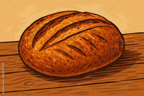 Artisan Bread Bliss. Freshly baked loaf of artisan bread with a vector illustration crisp golden crust, rustic wooden surface,