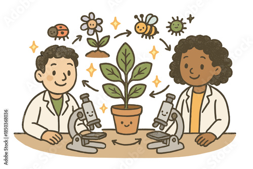 Cheerful Agroecology Lab. Adorable doodle agroecology research lab with smiling researchers, cartoon plants and insects floating,