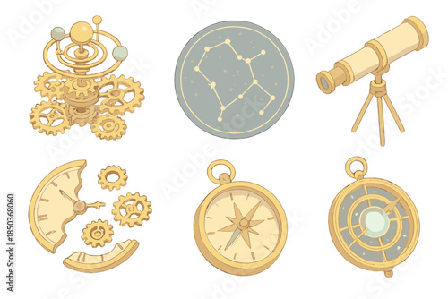 Clockwork Celestial Icons. Isometric vector illustration set Forgotten Clockwork Constellation: celestial gear orrery, star map