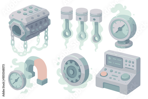 Phantom Engine Assembly. Isometric vector illustration set Phantom Engine Assembly: floating motor block, spectral chains, glowing
