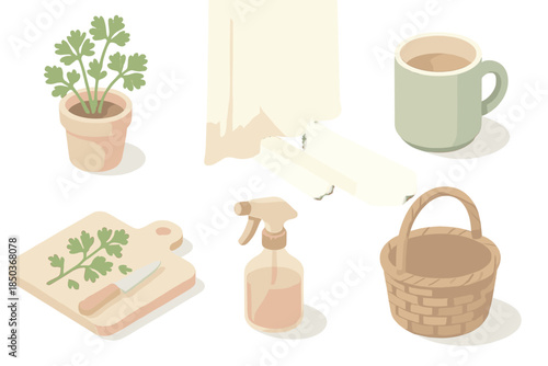 Sunlit Herb Corner. Isometric vector illustration set Sunlit Herb Corner: parsley plant, ceramic mug, herb cutting board, sunlight
