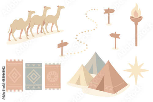 Midnight Caravan Icons. Isometric vector illustration set Midnight Caravan Trail: walking camels, path markers, desert torch,