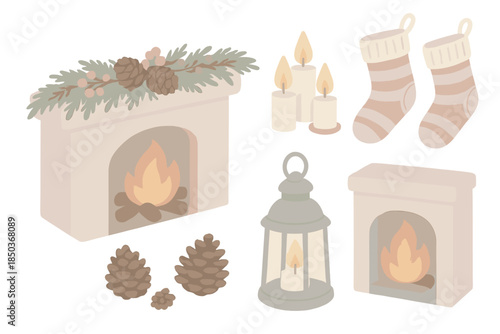Holiday Hearth Decor. Isometric vector illustration set Holiday Hearth Decor: garland on mantel, glowing candles, striped wool