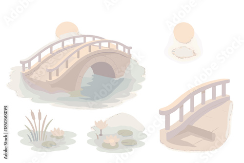 Misty River Crossing. Isometric vector illustration set Misty River Crossing: stone archway bridge, morning fog, water reflections