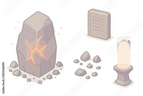 Granite Monolith Magic. Isometric vector illustration set Granite Spark Narrative: cracked stone monolith, glowing fracture lines,