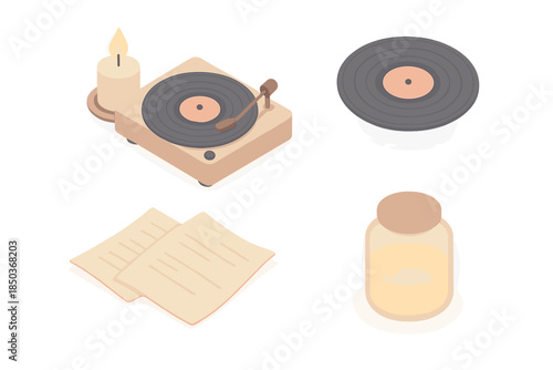 Warm Harmony Icons. Isometric vector illustration set Warm Harmony Studio: candle beside record player, spinning vinyl, shadow