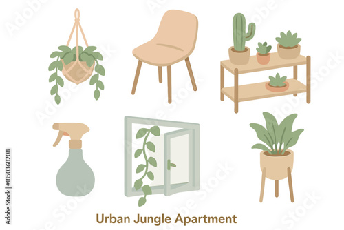 Urban Jungle Apartment. Isometric vector illustration set of Urban Jungle Apartment: hanging plants, modern chair, shelf with