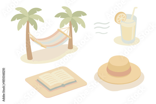 Summer Hammock Retreat. Isometric vector illustration set Hammock Summer Novel: striped hammock between palms, open book on