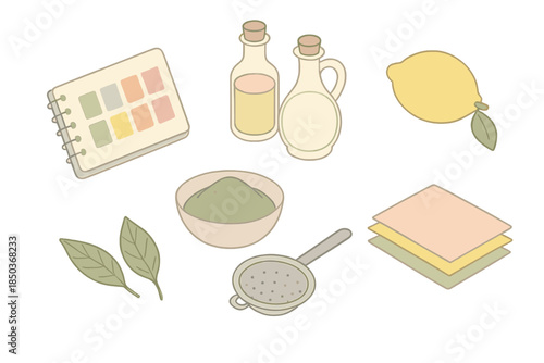 Herbal Dye Essentials. Isometric vector illustration set of Herbal Dye Recipes: notebook with color chart, powdered pigment bowl,