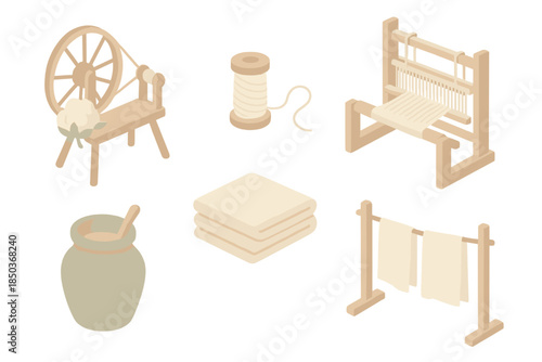 Eco Fabric Icons. Isometric vector illustration set of Eco Fabric Production: cotton spinning wheel, thread spool, weaving loom,