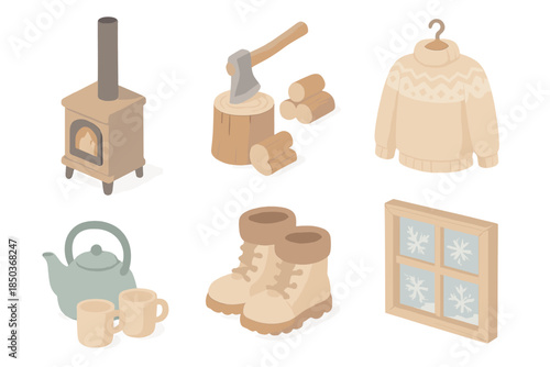 Mountain Cabin Essentials. Isometric vector illustration set of Mountain Cabin Life: wood-burning stove, chopping axe and logs,