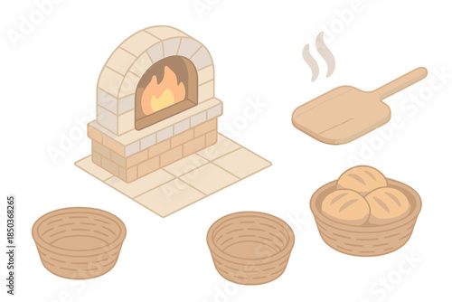 Artisan Bread Oven. Isometric vector illustration set Artisan Bread Oven: brick oven with glow, loaf peel tool, rising steam,