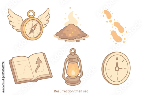Resurrection Journey Icons. Isometric vector illustration set of Resurrection Journey: compass surrounded by wings, glowing ashes,