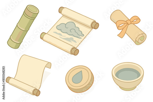 Tropical Heritage Scrolls. Isometric vector illustration set of Tropical Heritage Scrolls: bamboo tube case, monsoon cloud