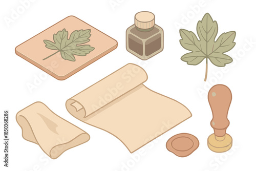 Botanical Printing Essentials. Isometric vector illustration set of Botanical Printing Heritage: engraved copper plate, ink bottle
