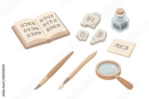 Linguistic Relic Desk Icons. Isometric vector illustration set of Linguistic Relic Desk: open manuscript, broken stone glyphs,