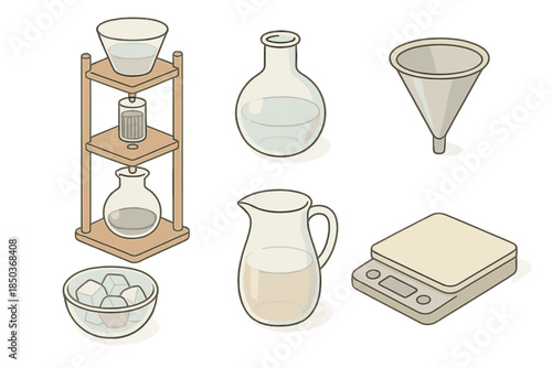Artisan Elixir Tools. Isometric vector illustration set of Artisan Elixir Tools: cold brew dripper tower, glass container, metal