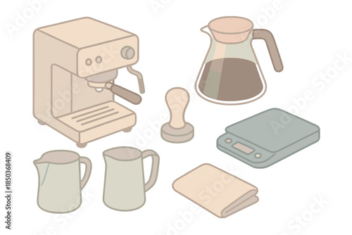 Coffee Shop Essentials. Isometric vector illustration set Coffee Shop Tools: espresso machine, glass carafe, tamper, milk jug,