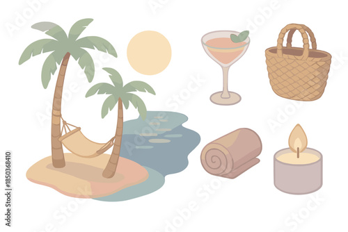 Tranquil Island Evening. Isometric vector illustration set Tranquil Island Evening: hammock under palm, moonlit water, cocktail