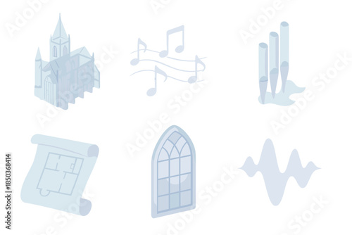 Architectural Ghost Symphony. Isometric vector illustration set Architectural Ghost Symphony: transparent cathedral model,