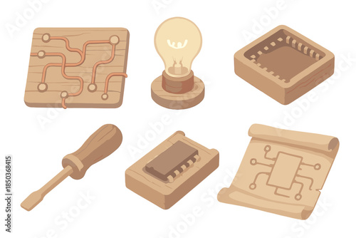 Rustic Circuit Board Icons. Isometric vector illustration set Rustic Circuit Board: wooden circuit board plate, copper wire