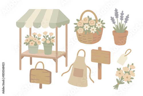 Countryside Flower Market Icons. Isometric vector illustration set Countryside Flower Market: vendor canopy, basket of fresh