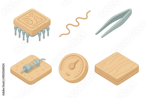 Artisan Microchip Designs. Isometric vector illustration set Artisan Microchip Design: carved chip casing, copper thread line,
