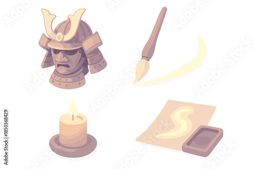 Warrior Ink Ritual. Isometric vector illustration set Warrior Ink Ritual: samurai armor piece, glowing brush stroke, meditation