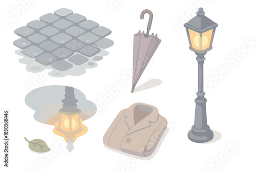 Rainy Lantern Evening. Isometric vector illustration set Rainy Lantern Evening: wet cobblestones, umbrella leaning on post,
